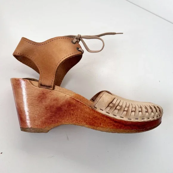 No. 6 Clogs Tan Leather Wooden Platform Wedge Sandals Lace Up Peep Toe Size 40 - Picture 4 of 10
